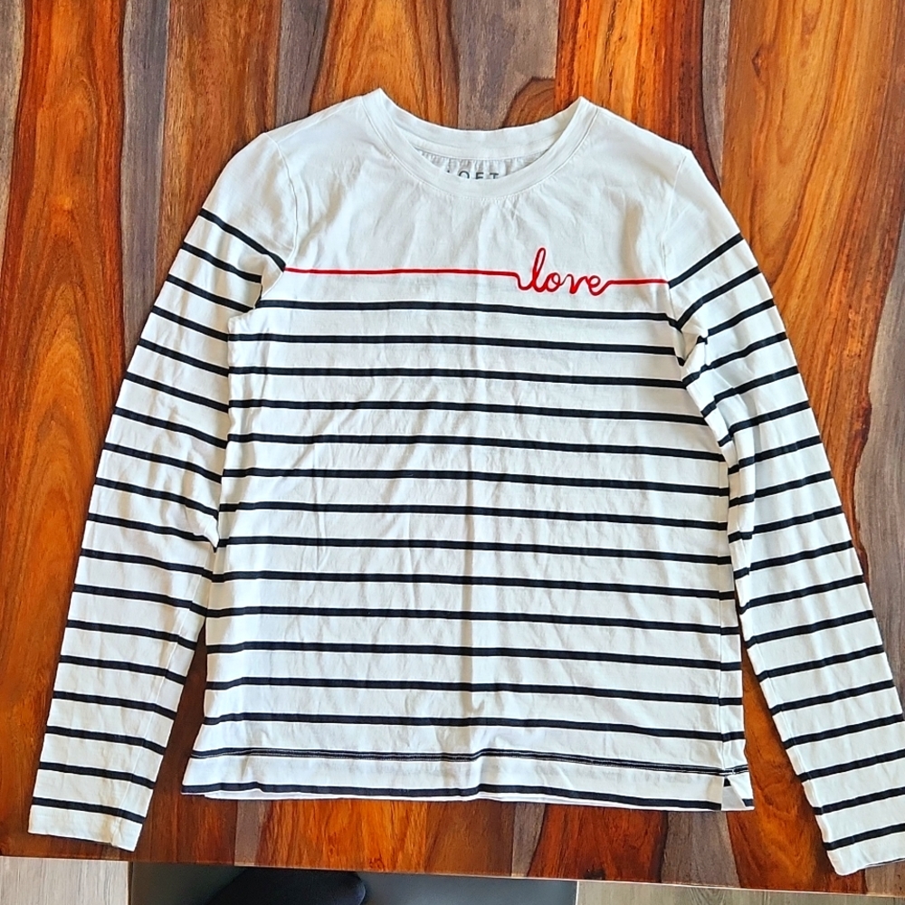 "Love" shirt, Loft, Ladies XS, Super Cute, Striped, White, Red and Black